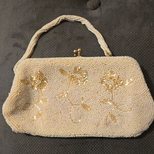 Vintage Beaded Cream Evening Clutch with Gold Sequin Floral Detail